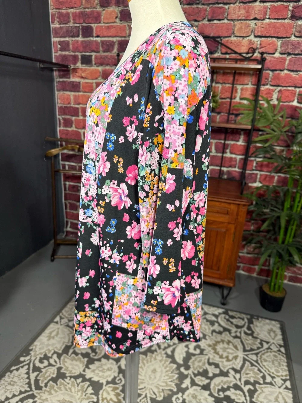V-Neck Black Floral Patchwork Tunic with Pink Accents Dear Scarlet XL